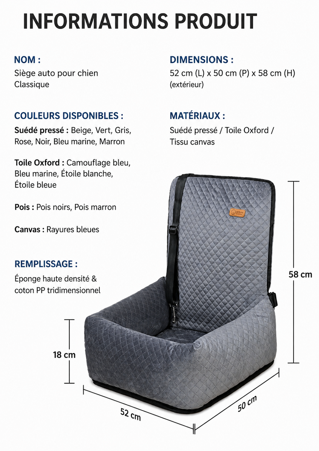 Siège auto pour chien – Confort & sécurité premium